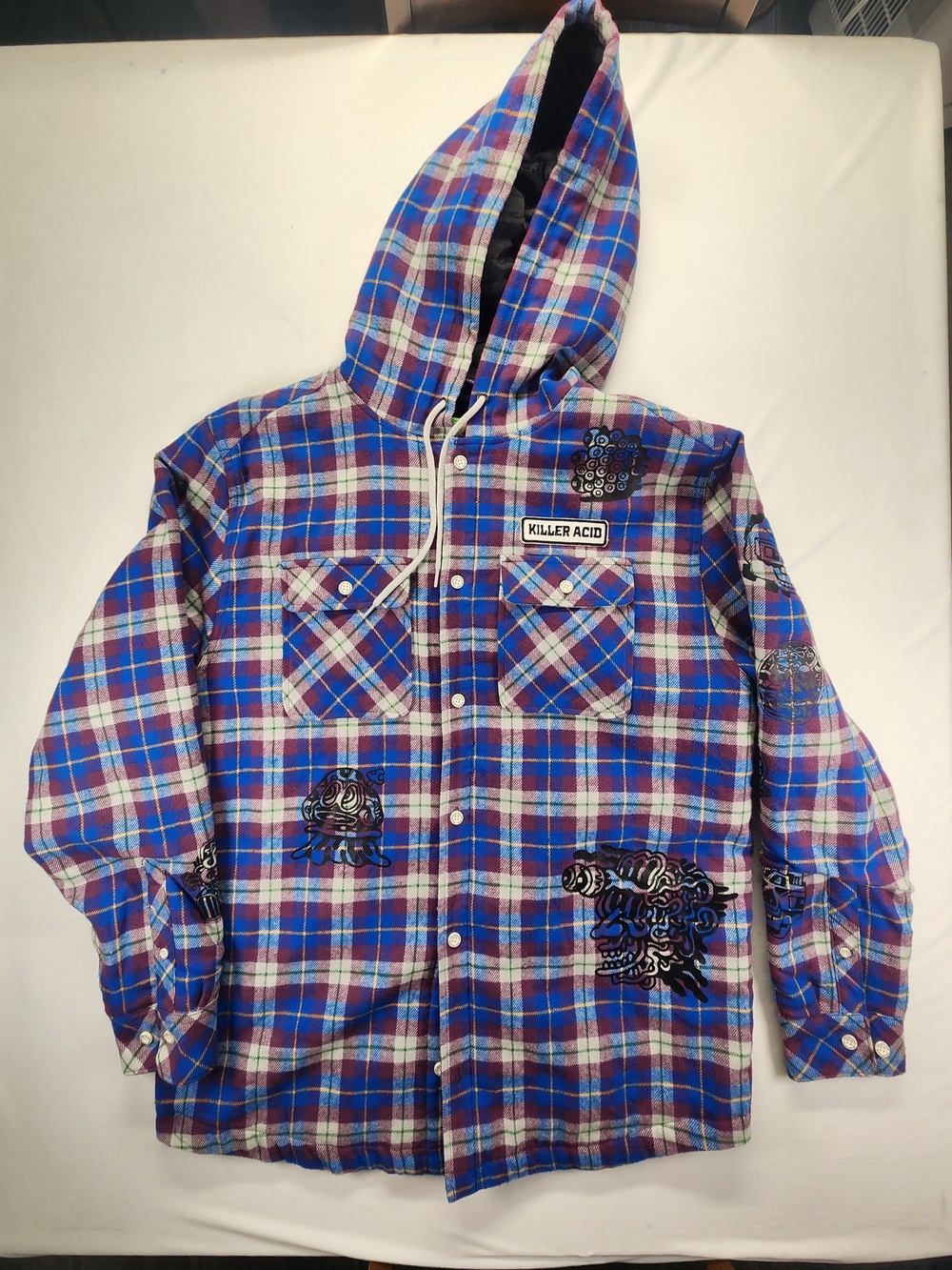 Killer Acid Blue Plaid Hooded Flannel Shirt Jacket